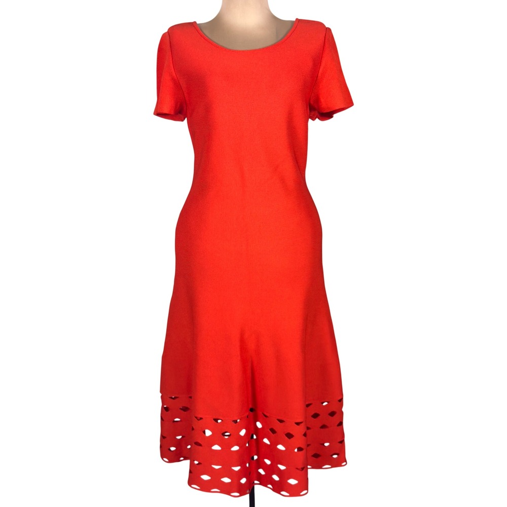 NWT St. John Collection Geranium Red Santana Knit Dress Size 12 Laser Cut Hem